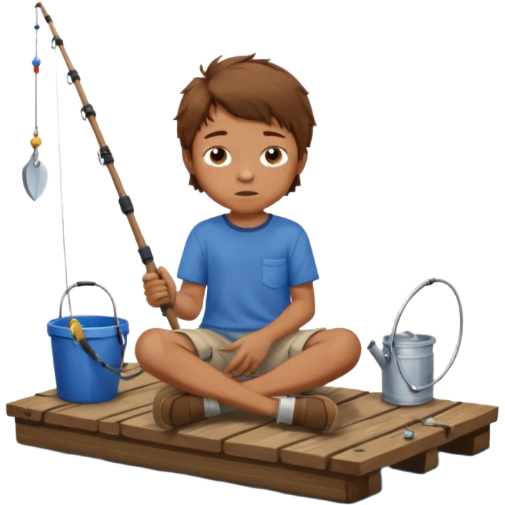 Little boy sitting on the dock fishing, felt texture, scrapbooking emoji