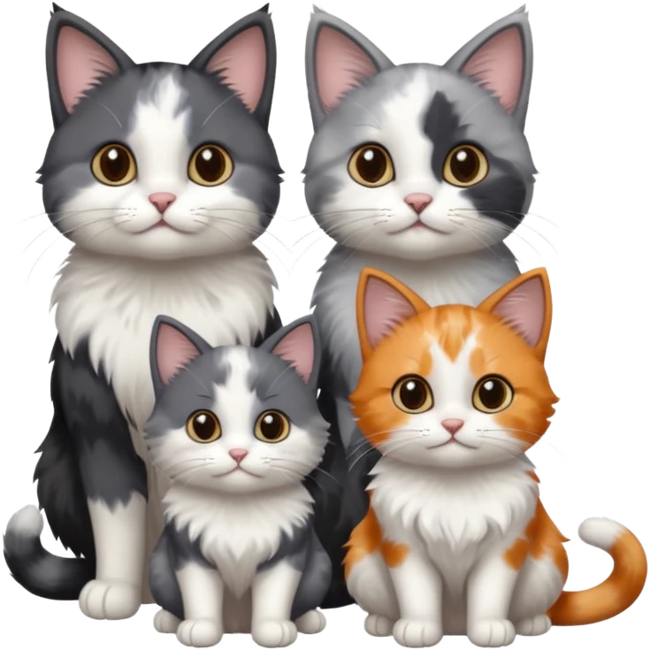 3 different coloured small cats including a dark grey and white, and a patchy calico and a solid grey with only white paws emoji