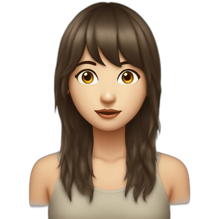 Fille brune abec des yeux bleux avec une frange et des cheuveux long emoji