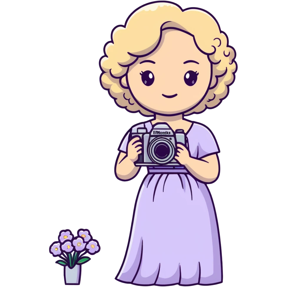 señora rubia de rulos de 50 años con cámara Nikon y vestido largo blanco con flores lilas emoji