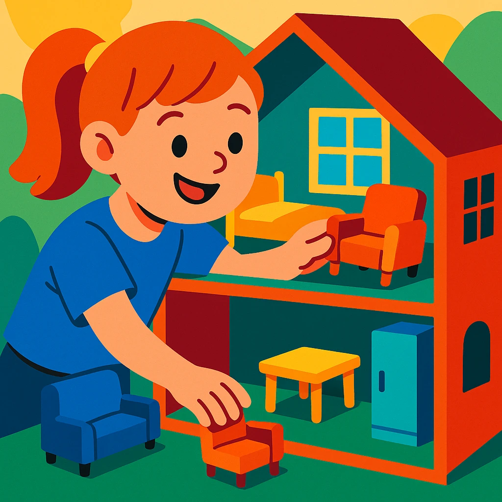 smiling girl arranging furniture in doll house emoji
