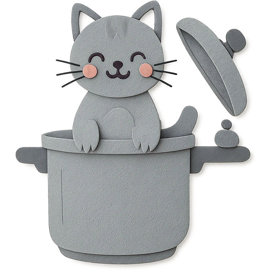 cute cat-shaped pressure cooker, popping out of the lid, playful face, soft grey, full-body emoji
