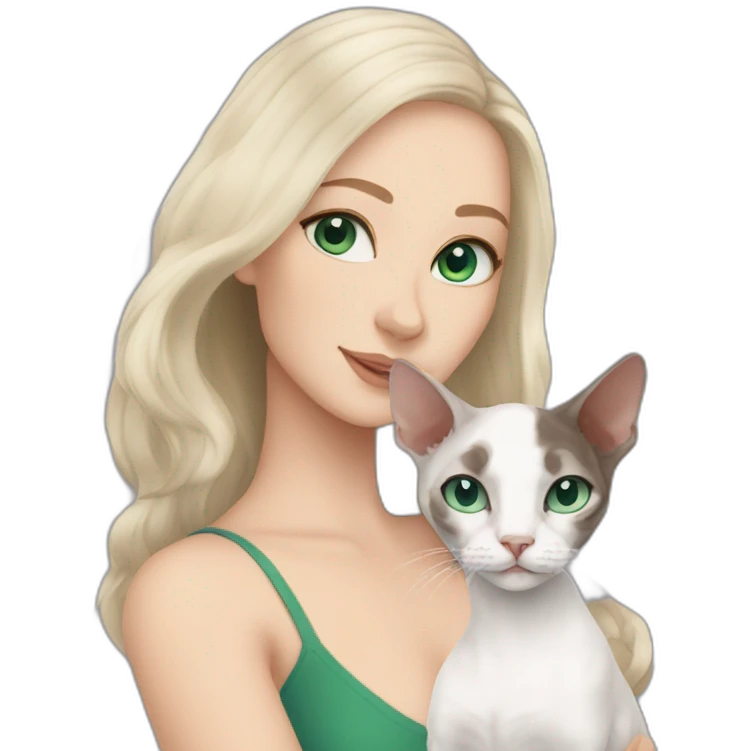 White woman with long dark hair and green eyes holding white devon rex with blue eyes emoji