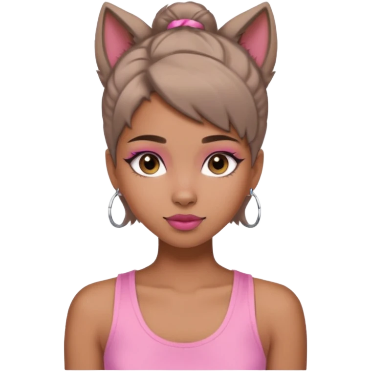 chica morena clara, corte de cabello wolf cut medio, con una blusa de tirantes simple, rosa y coquette emoji