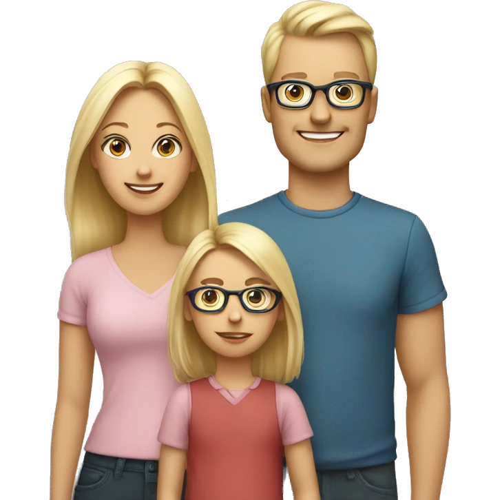Mom and dad with glasses and their kids, blond girl and a boy. emoji