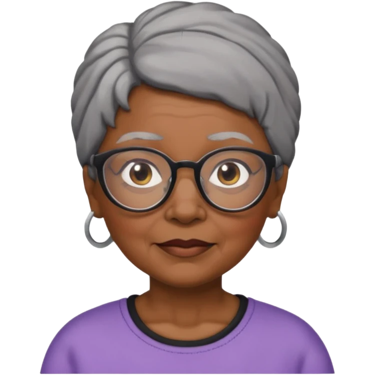 emoji of a black grandma women with black and gray hair in a low ponytail with glasses and brown eyebrows emoji