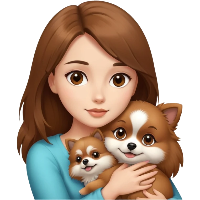 beautiful woman with brown straight hair and brown eyes hugs a puppy Pomerania emoji