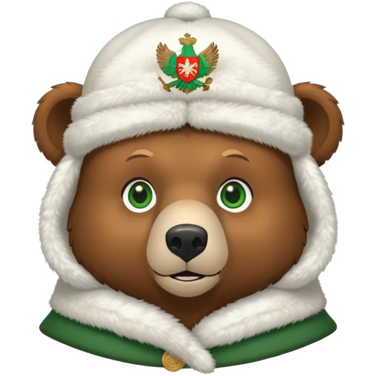 Minimalist cute brown bear head with green eyes, wearing white ushanka hat with simplified Russian double-headed eagle coat of arms, iOS emoji style emoji
