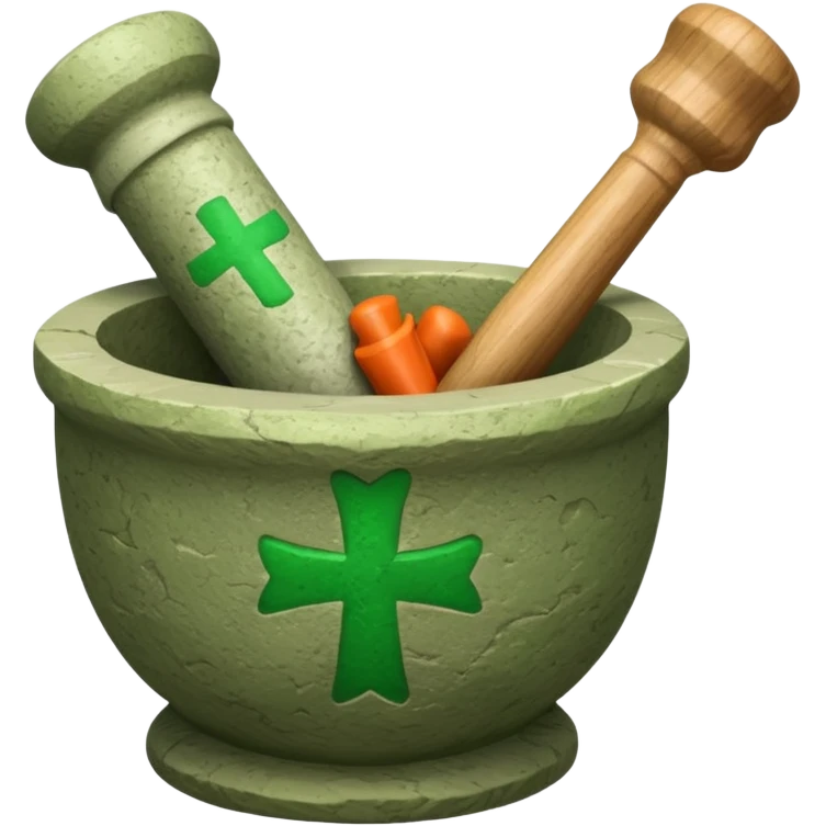 mortar with pestle, with green cross on mortar emoji