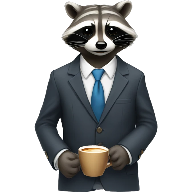 Raccoon in a suit, having cpffee emoji