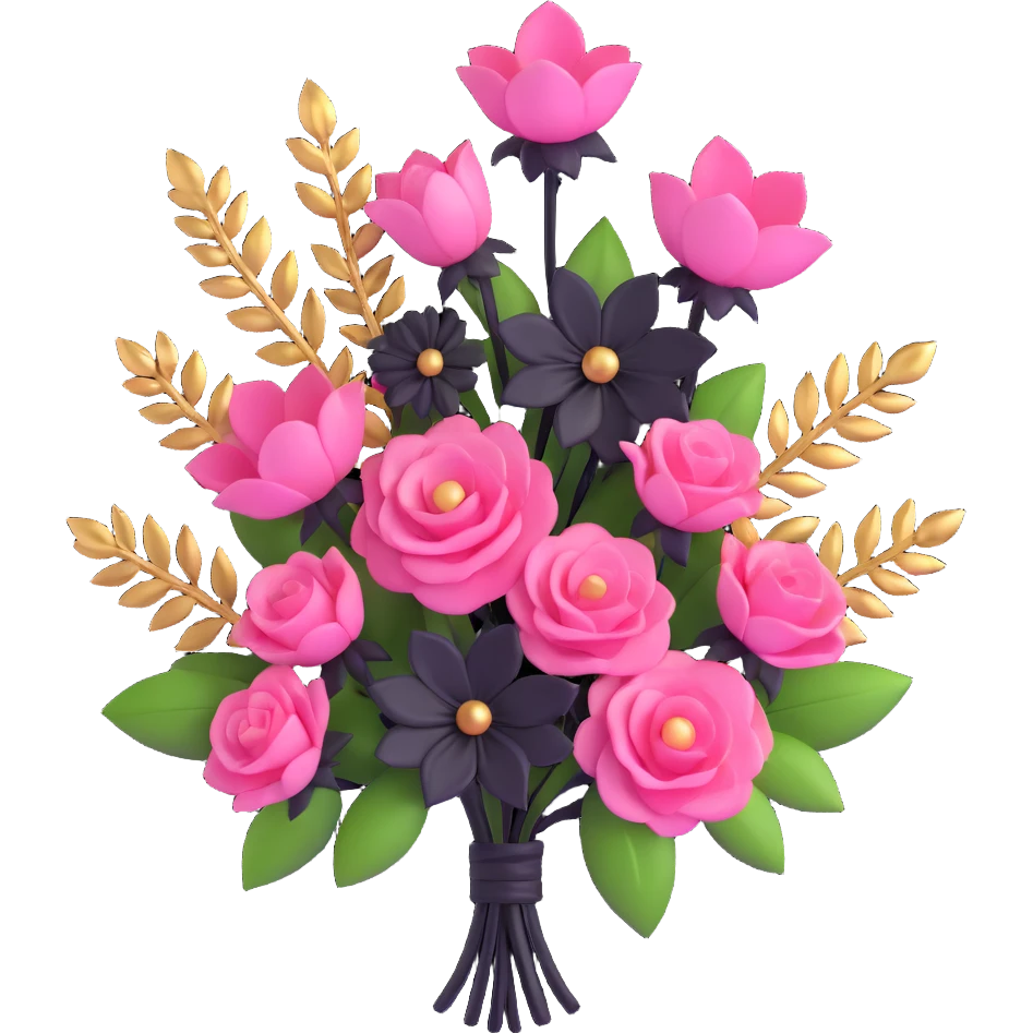 minimal 3D gothic bouquet with gold accents, pink and black flowers, simple and elegant emoji