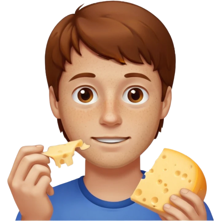 Man with brown hair and white skin and freckles, eating cheese emoji