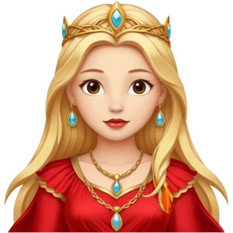 Freya, Goddess of Love from Gods and Goddesses with long golden blonde hair, red outfit emoji