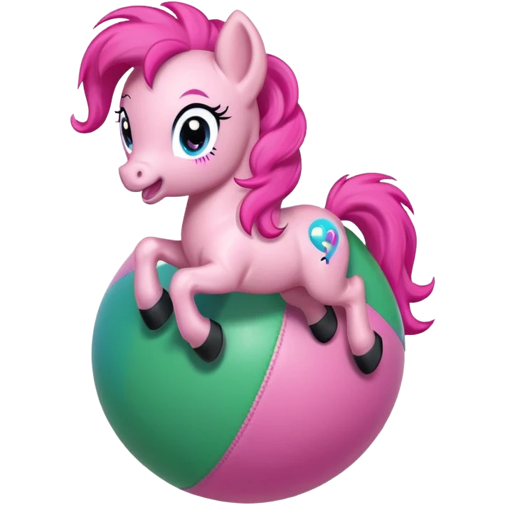 Pinkie Pie pony from My Little Pony happily bouncing on a big colorful ball, cartoon style, bright colors, cheerful expression, background with green meadow or playground emoji