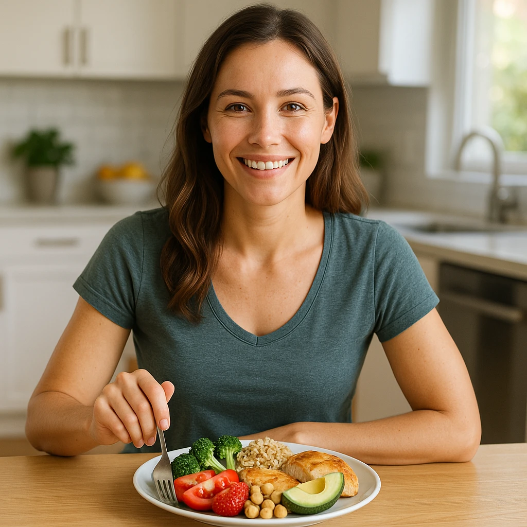 smiling woman with healthy appearance and balanced physique, sitting at a table with a colorful and varied plate including vegetables, whole grains, lean proteins, fruits, and healthy fats, bright atmosphere, hyperrealistic 4K details, domestic environment or modern kitchen emoji
