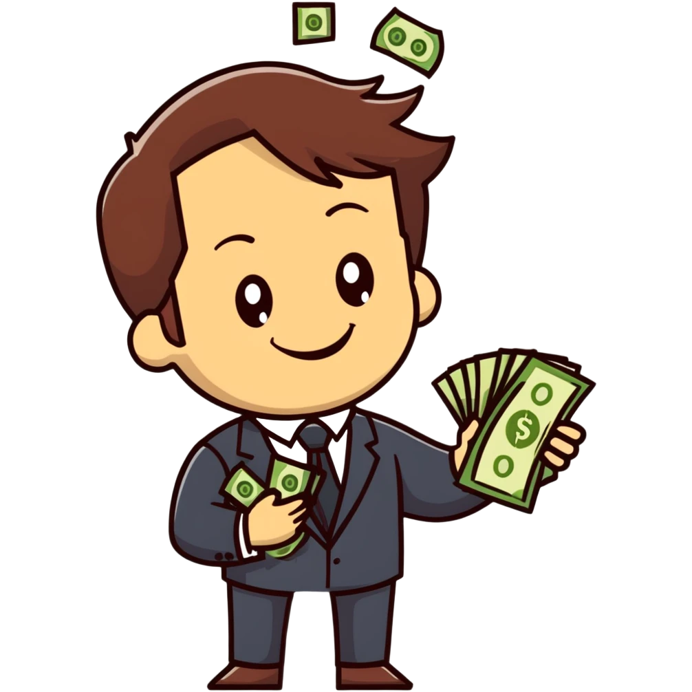 white male in a suit with money in his hand, smiling expression, happy face, brown hair emoji