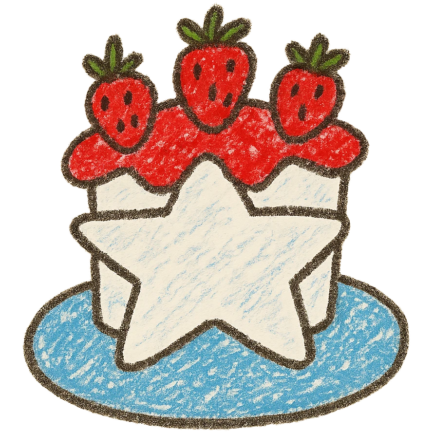 star-shaped white cake with strawberries on top, whimsical and bright, children doodle style emoji