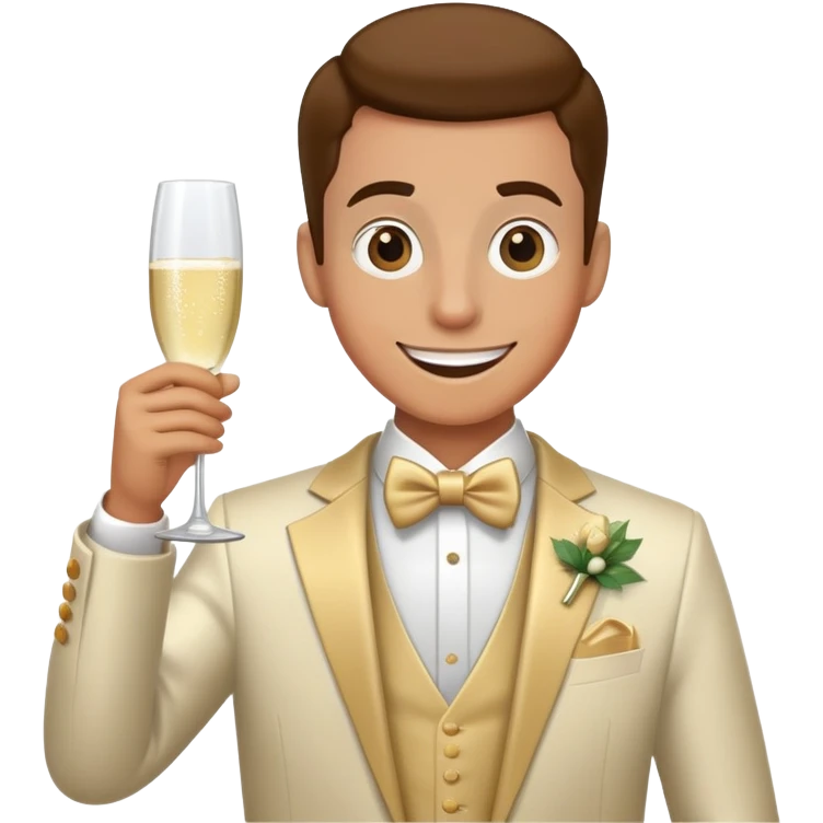 Wedding crasher character in fancy clothes trying to blend in at a wedding reception, holding champagne glass, goofy smile emoji