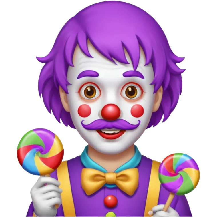 Funny clown — purple wig, mustache, candy in hand emoji
