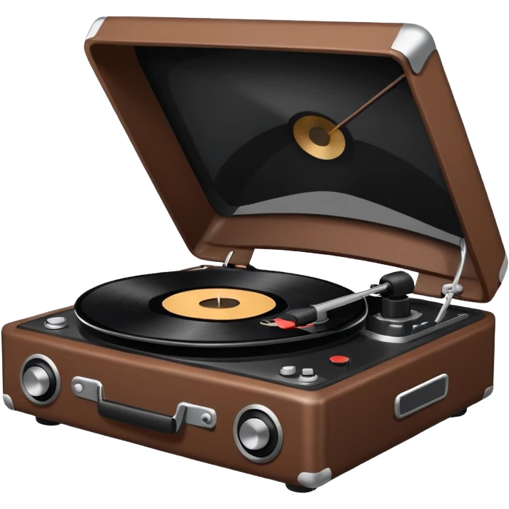A brown record player spins a stark black vinyl under the veil of dusk. emoji
