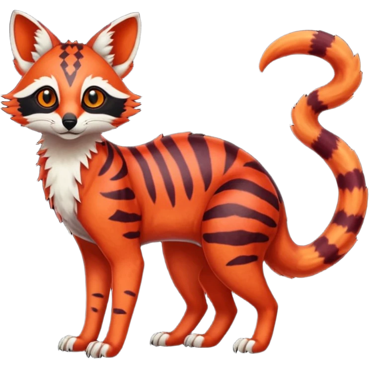 Rare realistic red burgundy sanguine orange black gradients lush tropical exotic cute epic pretty beautiful handsome gorgeous aesthetic colorful vibrant Vernid-Protogen-Primagen-Wickerbeast-Genet-Trico-species-Fakemon-hybrid-creature by LiLaiRa, beautiful intricate markings, full body emoji