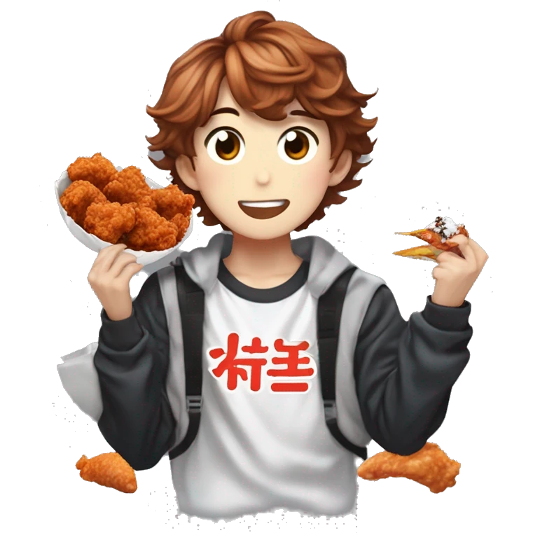 kpop singer (felix of stray kids) who has brunette hair(almost shoulder length) with freckles is eating korean fried chicken (양념치킨)  emoji