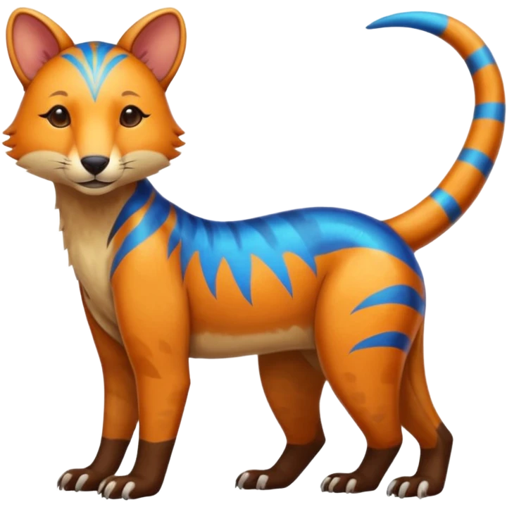 Colorful brown with blue and orange tropical exotic shiny beautiful fantasy-Thylacine-Vernid-Cacomistle-Oncilla-animal-Fakémon-hybrid-fursona (full body) emoji