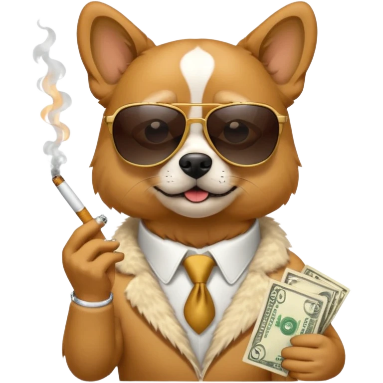 A dog with sunglasses is smoking a cigarette, dollars are flying at him. emoji