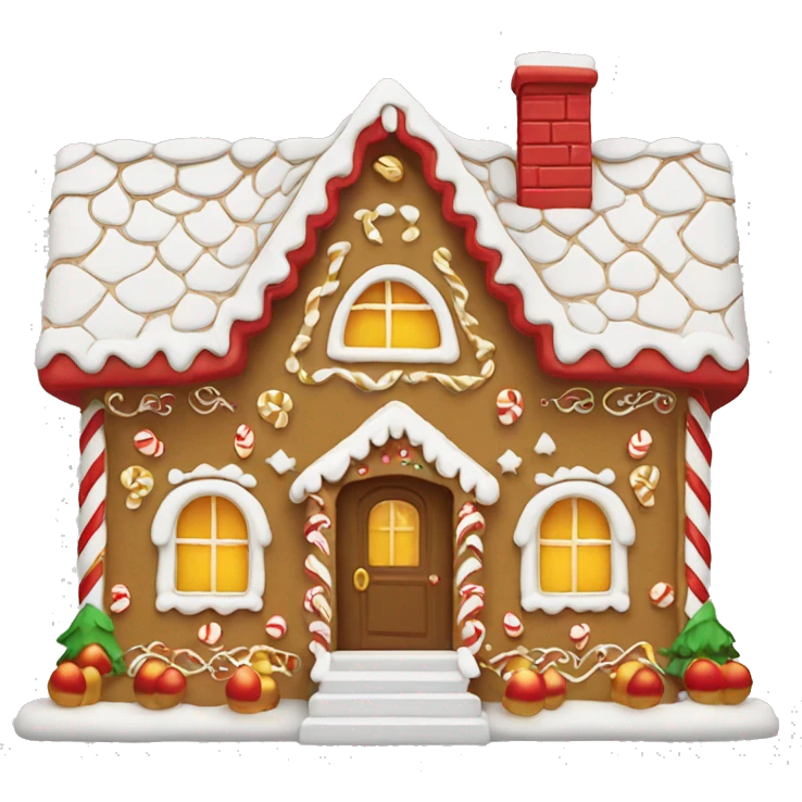 white gingerbread house with red and gold decorations  emoji