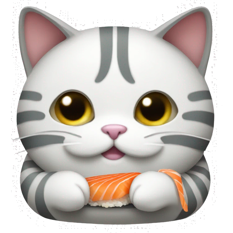 Grey and white fat cat eating sushi emoji