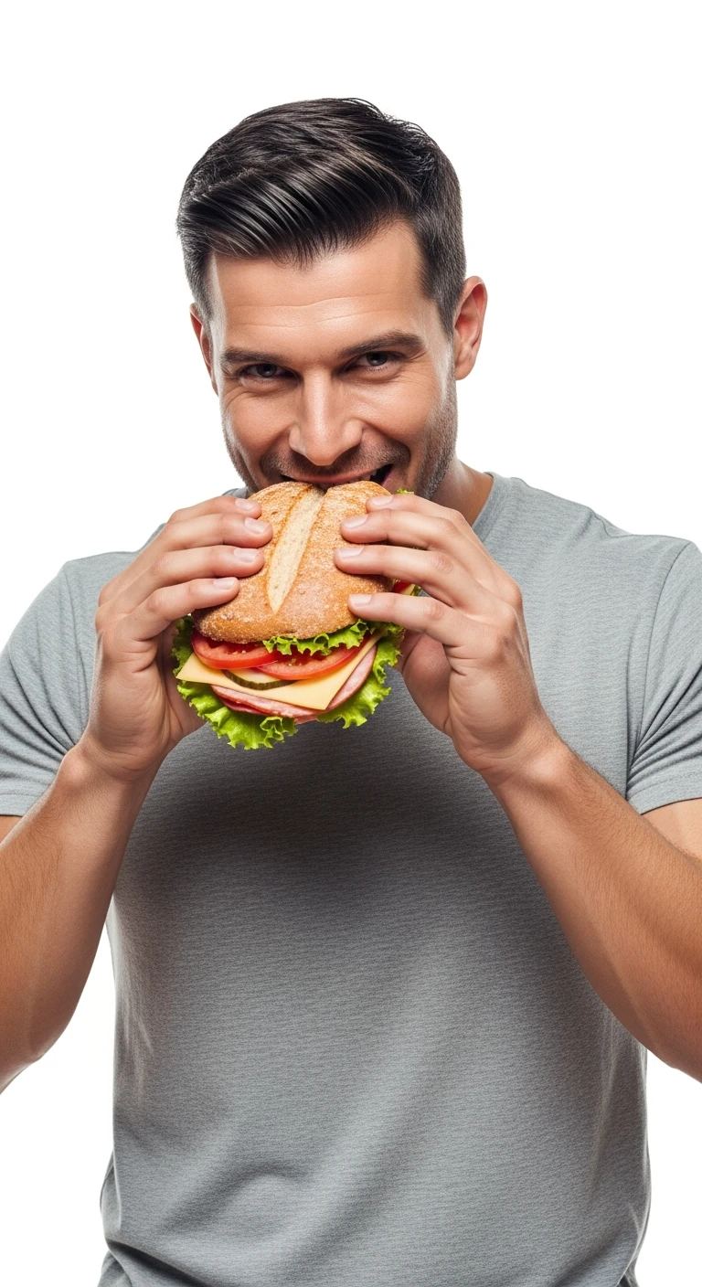 uomo fitness felice con che mangia un panino, sfondo bianco emoji