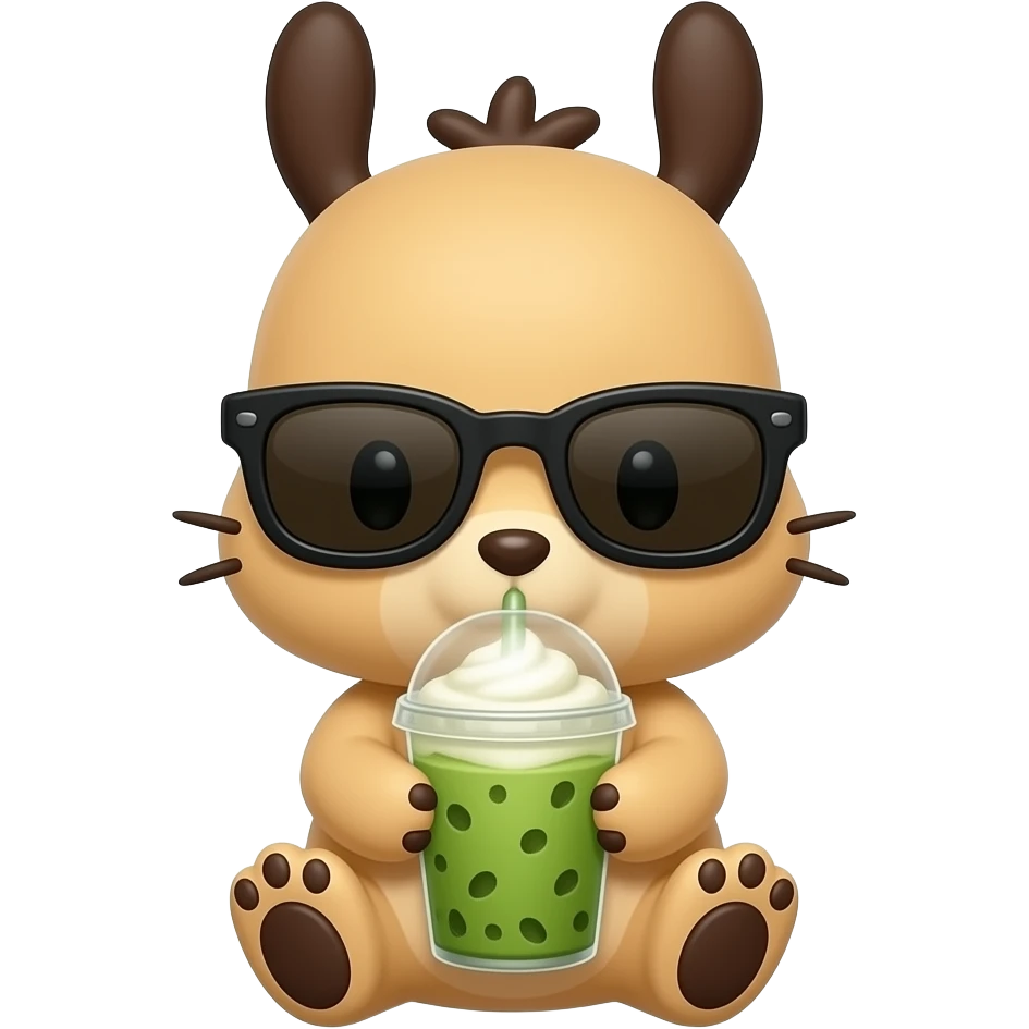 Pochacco(from sanrio) with tanned skin, holding iced matcha latte, wearing car-eye sunglasses emoji