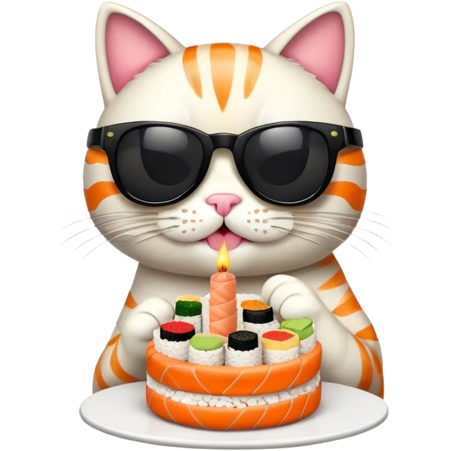 cool cat wearing sunglasses eating a birthday cake made out of sushi emoji