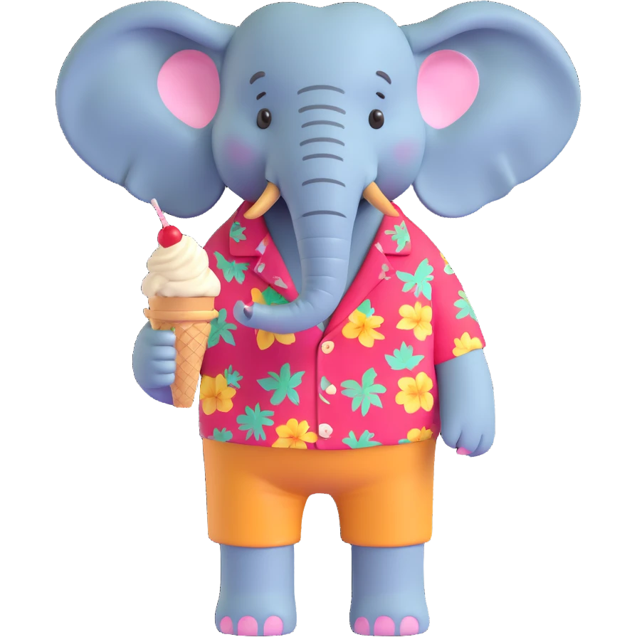 elephant in a Hawaiian shirt and shorts, holding an ice cream, summer vibe emoji