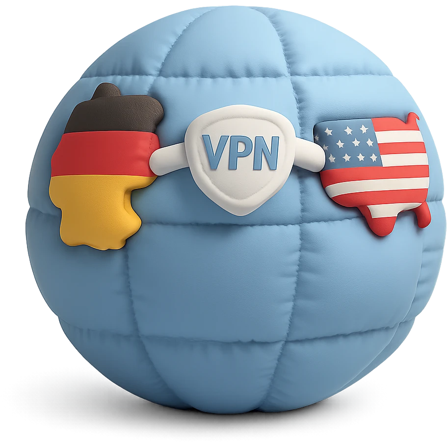 playful 3D style globe with VPN showing a connection between Germany and USA emoji