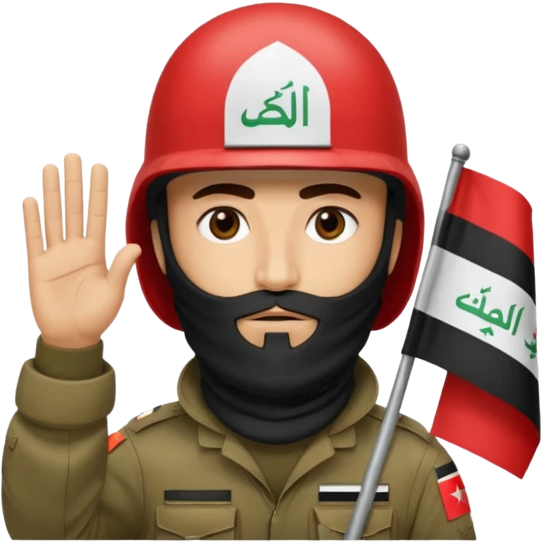 surrenders, depicts an Iraqi soldier from 1980, with a beard, in a helmet, a helmet with sign flag Iraq, with a balaclava, with sad eyes and both hands raised up emoji