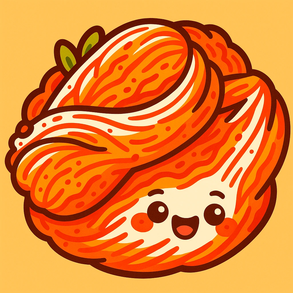 Create an emoji-style illustration of baechu kimchi (napa cabbage kimchi) with a cute and vibrant look, inspired by the reference photo. The style should reflect the colorful and playful essence of emoji art. emoji