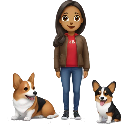 Une fille brune avec un corgi tricolore emoji