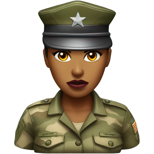 a female drill sergeant character wearing a classic sergeant hat and a camouflage army shirt. The character should have an angry intense expression. full torso emoji