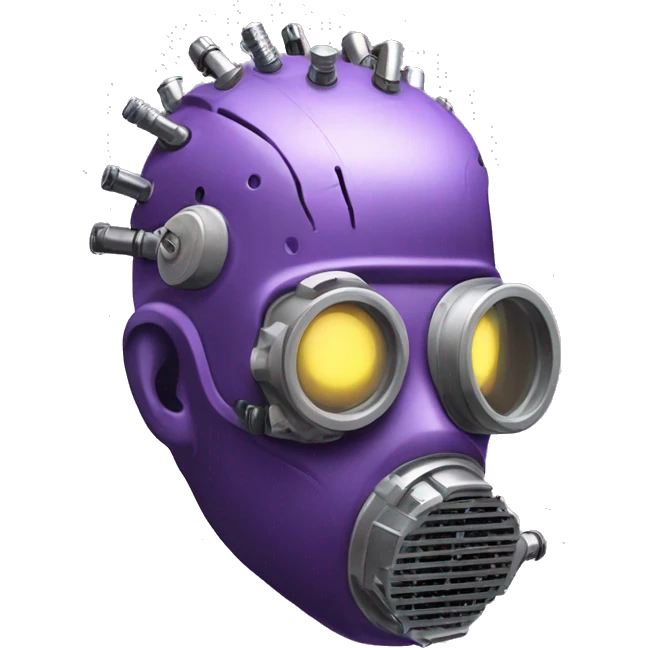 Purple mohawk cyborg head with grey respirator mask and circuits emoji