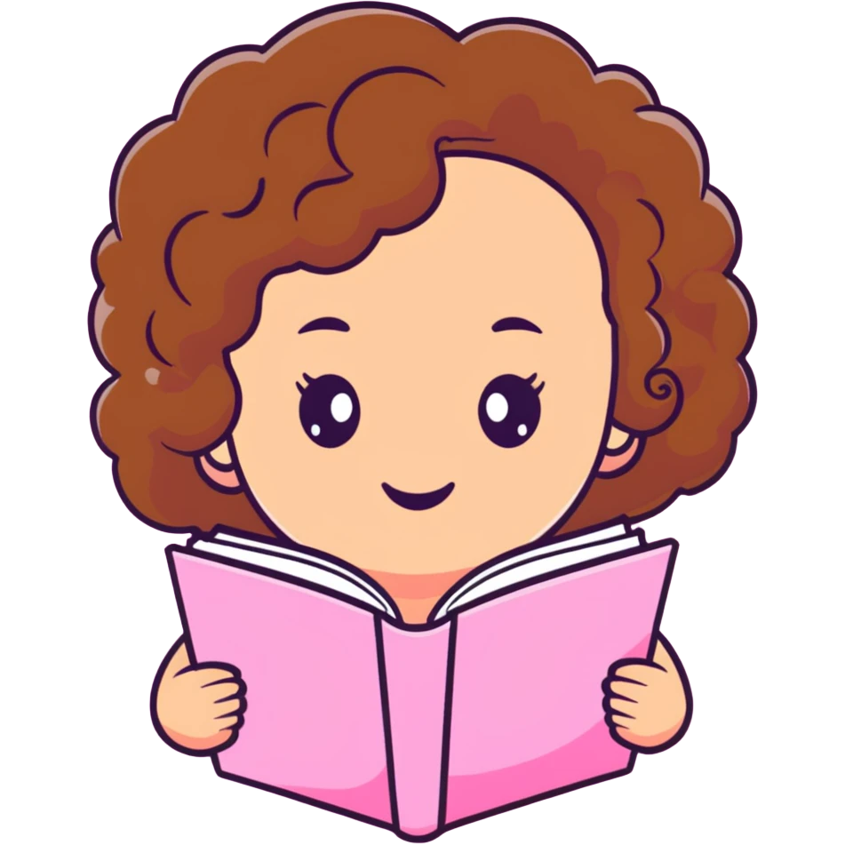 girly character with brown soft curly hair reading a pink book emoji