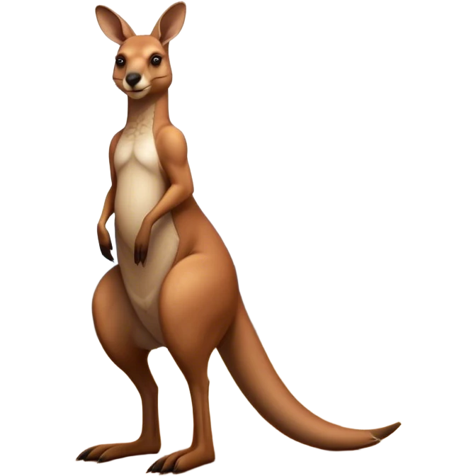 Full-body Australian Kangaroo – Cinematic-realistic Australian kangaroo, standing tall with powerful hind legs and a muscular tail for balance. Its reddish-brown fur glows under the golden sunlight, ears perked and eyes alert. The rugged outback stretches behind it, with dry grass and scattered eucalyptus trees completing the iconic scene. emoji