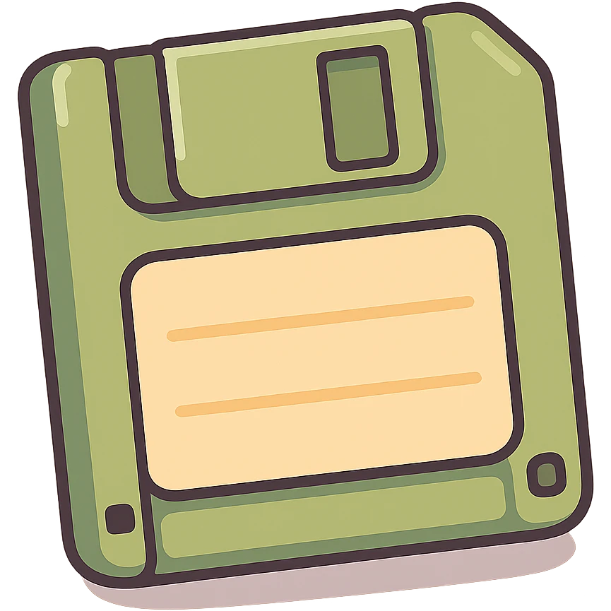 Add clear, graphic shadows and highlights to the olive green floppy disk with a beige label in pastel toon style. No face, just a simple drawing with bold outlines. Place shadows and highlights where appropriate to create a sense of volume. No background. emoji