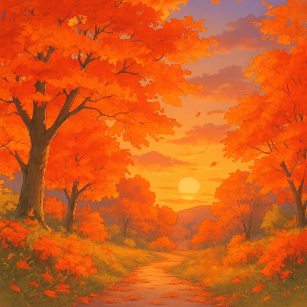 fall season sunset with vibrant autumn colors, colorful leaves, cozy atmosphere in ghibli style emoji