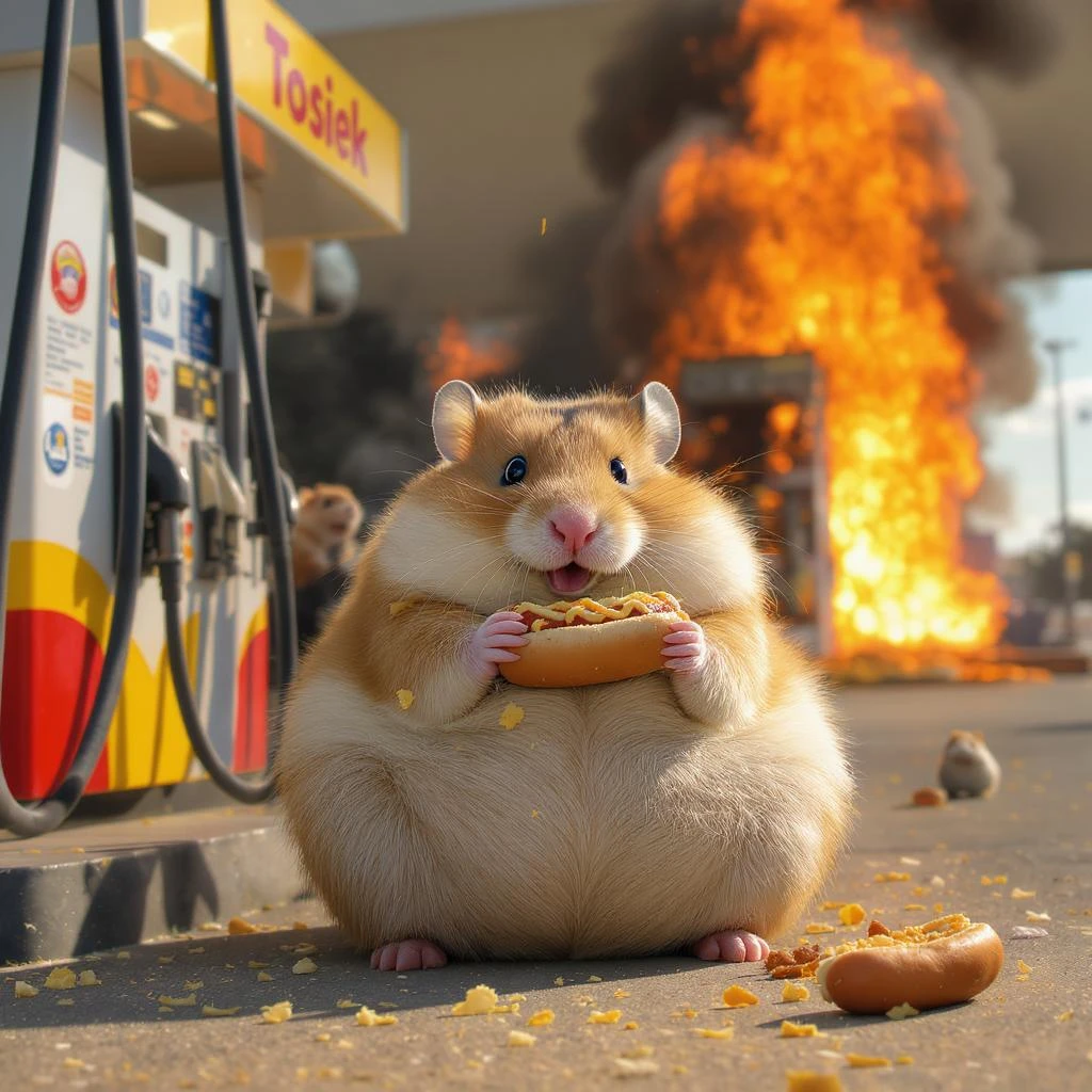 Cinematic still of A portrait of a fat hamster eating hotdog on gas station, gas station is in fire, other hamster fun away, sunny day, back light explosion , gas station named "Tosiek" emoji