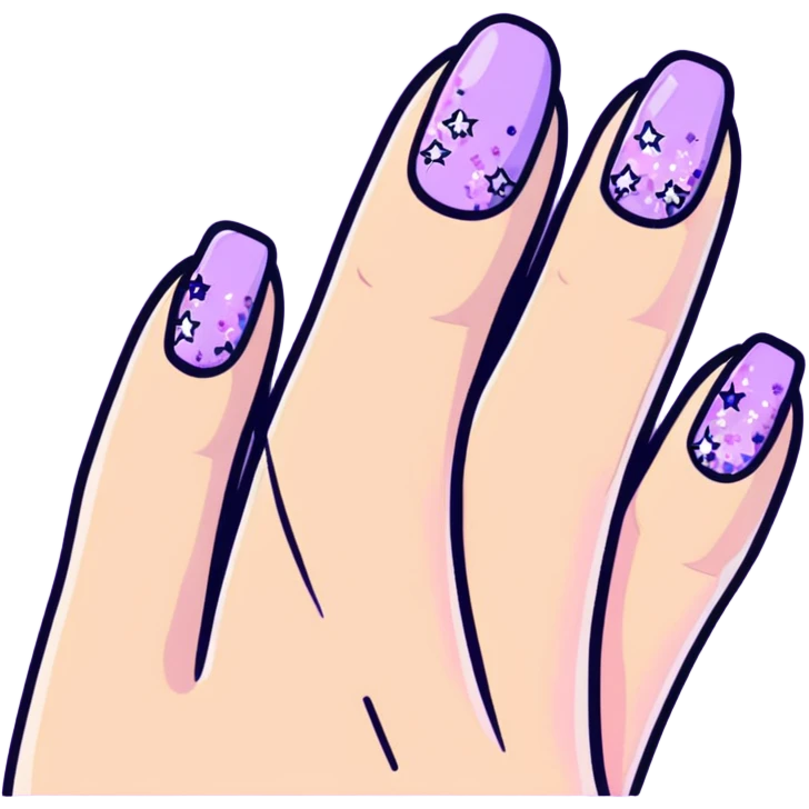 lilac pastel manicure with glitter effects emoji
