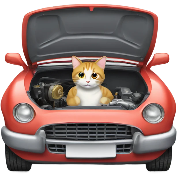 A cartoon emoji-style car with a curious cat peeking out from the open hood of the engine compartment. emoji