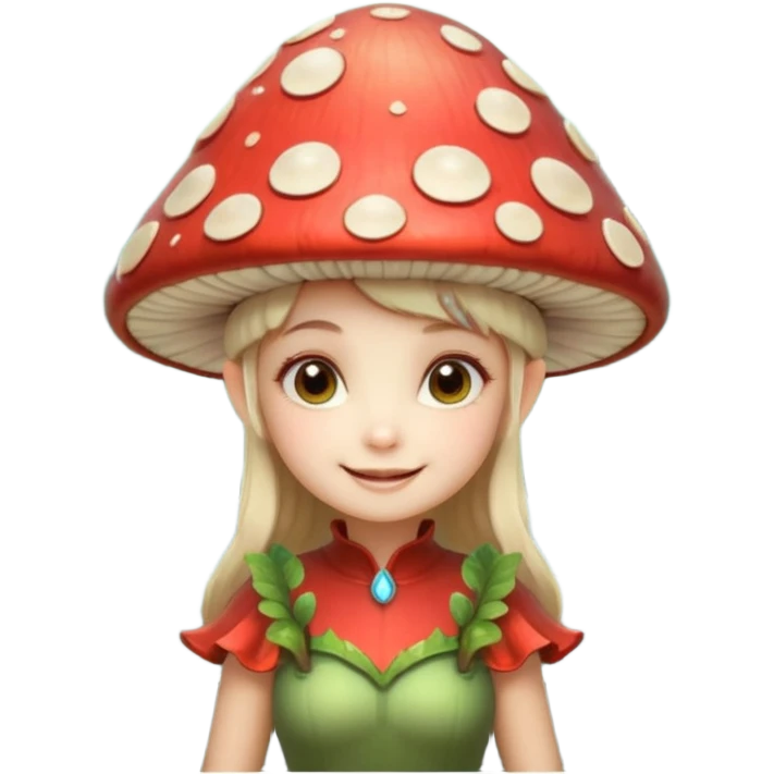 mushroom fairy portrait, head and shoulders only, wearing a large mushroom cap hat, tiny glowing wings visible behind shoulders, cute magical smile, forest fantasy vibe, 3D cartoon, mobile game icon style, clean background, no text, no watermark

 emoji