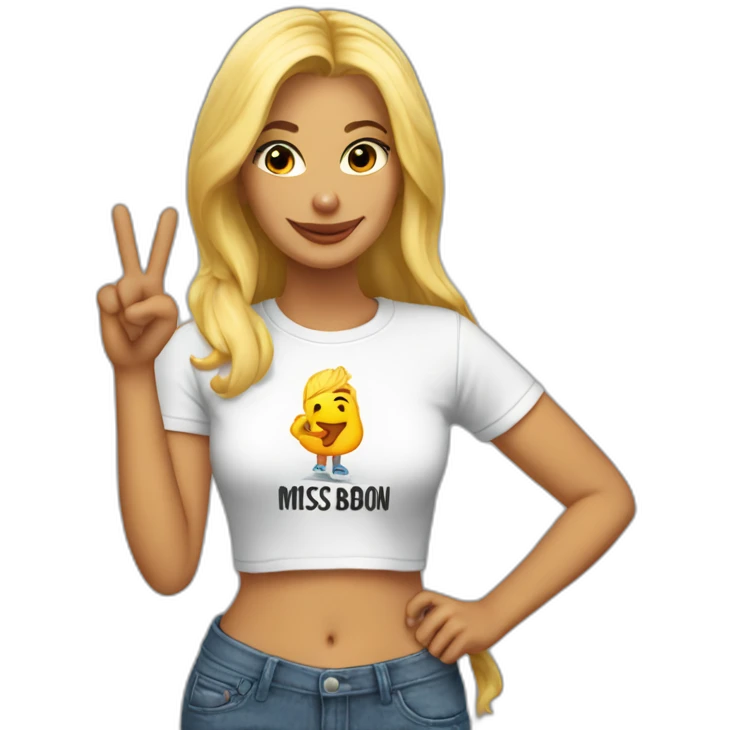 A blonde making the peace sign and wearing a t-shirt with the text "Miss Bourbon" emoji