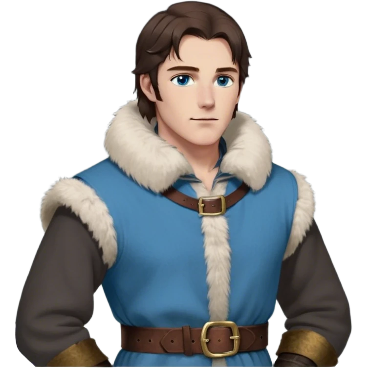 Medieval winter outfit worn by a DnD themed fantasy male character. Thick charcoal wool tunic with fur-lined collar and cuffs, layered over a thermal linen undershirt, secured with a wide leather belt with brass fittings. Clothes only above the waist, full waist coverage. The character has no arms. Character is white-skinned with dark chestnut hair, ice-blue eyes, and shoulder-length straight hair partially tucked into the fur collar. emoji
